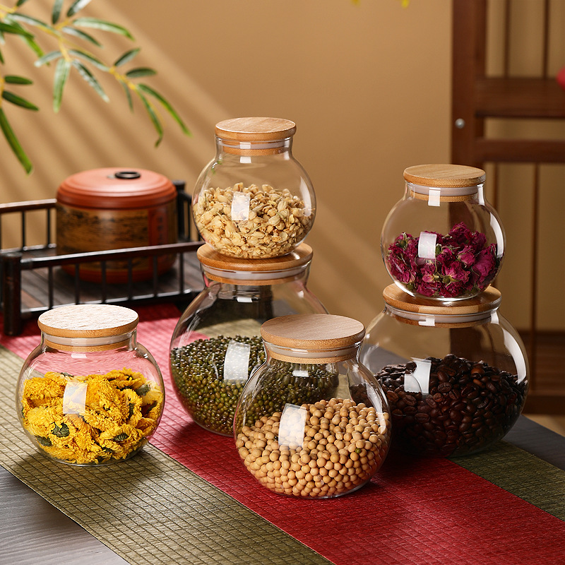 Bamboo lid glass tea canister, sealed jar, household kitchen grain storage box, storage jar, covered storage small jar Application Scenario
