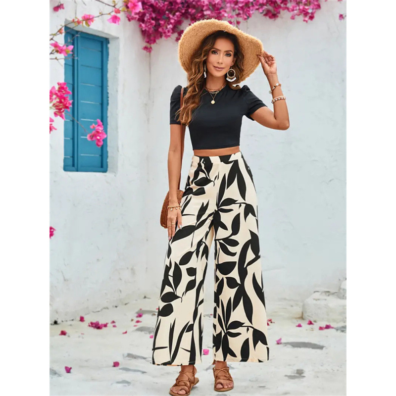 Cross-border trade leaf printed casual pants, wide-leg pants, short-sleeved spring and summer two-piece set, tight crop neck T-shirt and pants set full figure