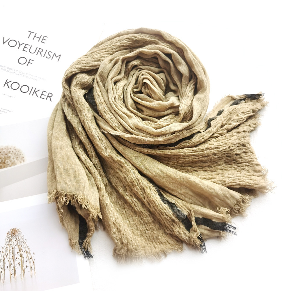 Solid Color Cotton And Hemp Scarf Autumn And Winter New Foreign Trade Men's Scarf Wholesale Natural Wrinkled Striped Scarf For Women Shawls Cross-Border Specification drawing