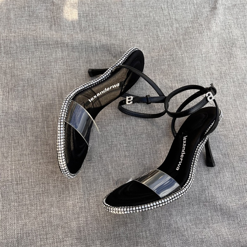2023 Rhinester High Heels For Women 2023 Spring/Summer Transparent Ribbon Satin One-Line Buckle Letter Stiletto Sandals For Women Specification drawing