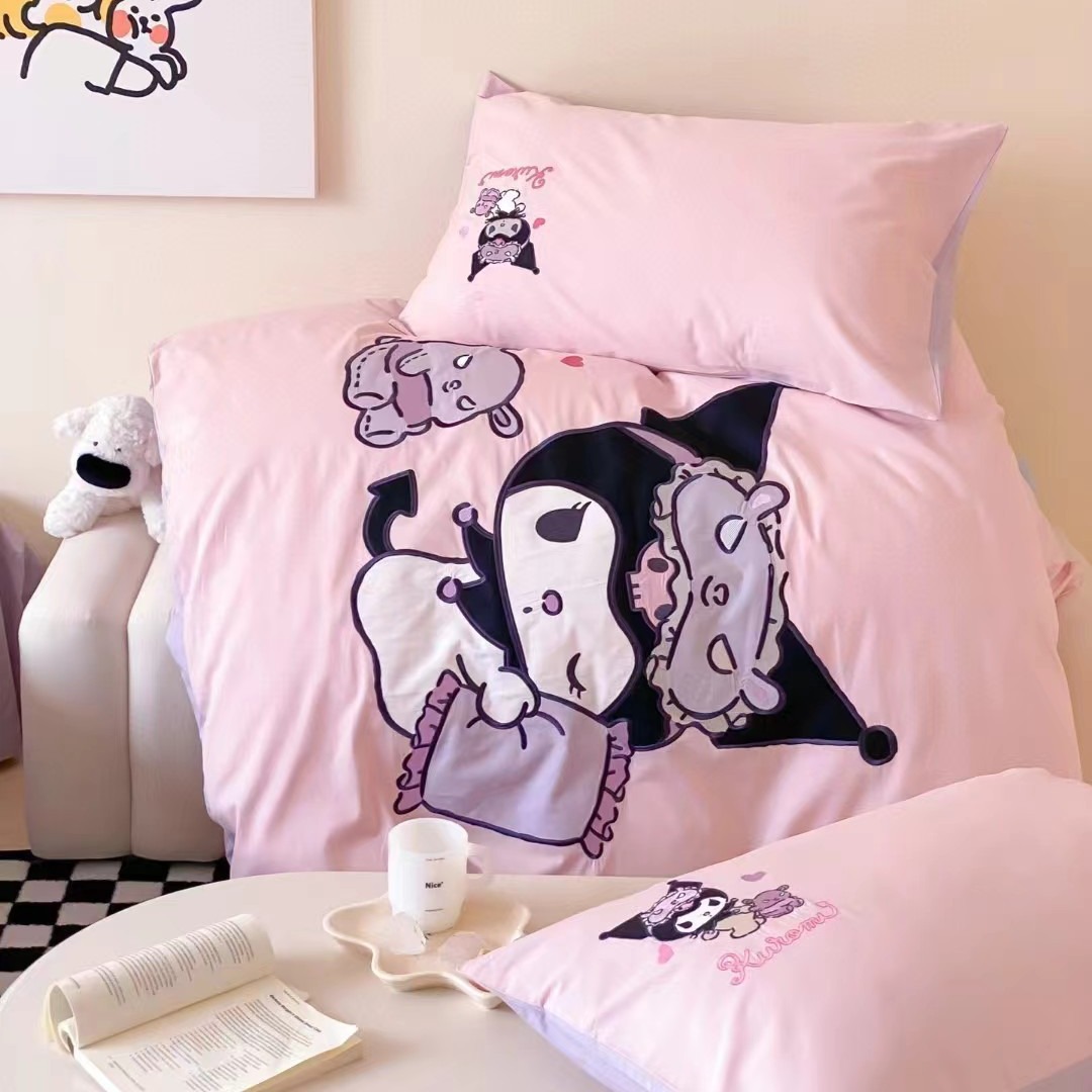 Children's cartoon all-cotton four-piece set, girls' bedding, pure cotton three-piece set, cute quilt cover, bed sheet with embroidery, Class A kt Application Scenario