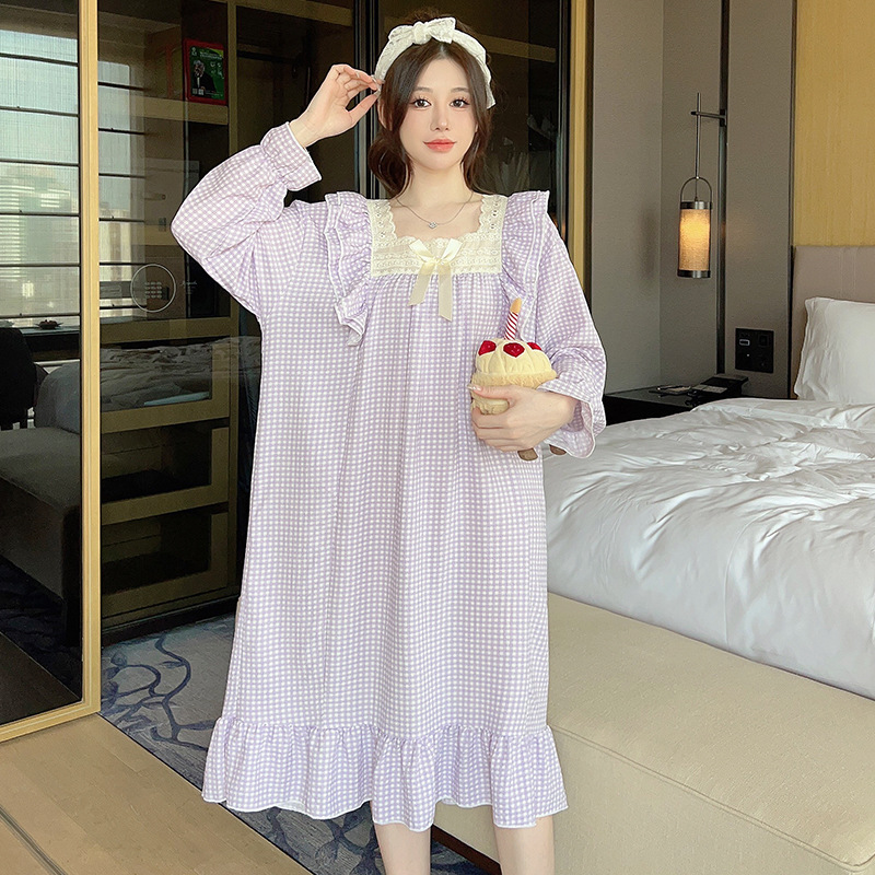 Long-Sleeved Plaid Nightdress Female Spring And Autumn Casual Loose Comfortable Pajamas Long Dress Korean Version Ims Princess Wind Nightdress Female Specification drawing