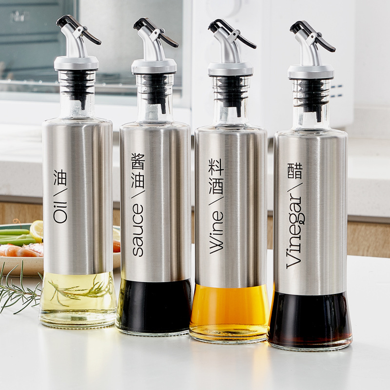 One-piece consignment glass oil pot, household stainless steel leak-proof bottle, kitchen soy sauce, vinegar bottle and seasoning bottle set