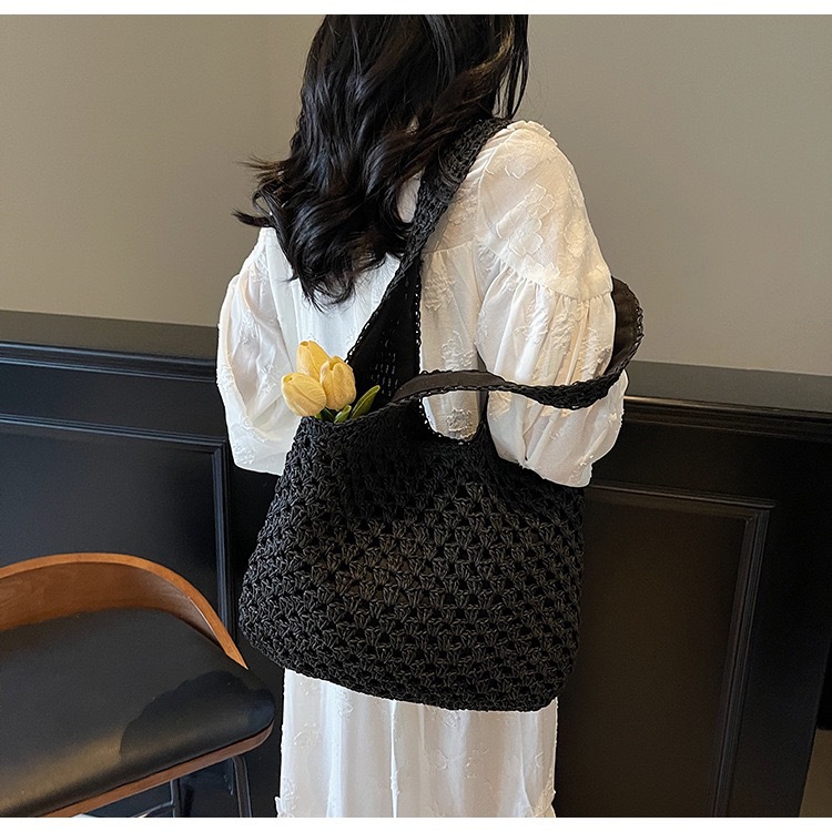 New national trend versatile straw woven bags, hand-woven bags, women's single-shoulder hollowed-out bags, large-capacity tote bags, vacation beach bags Specification image