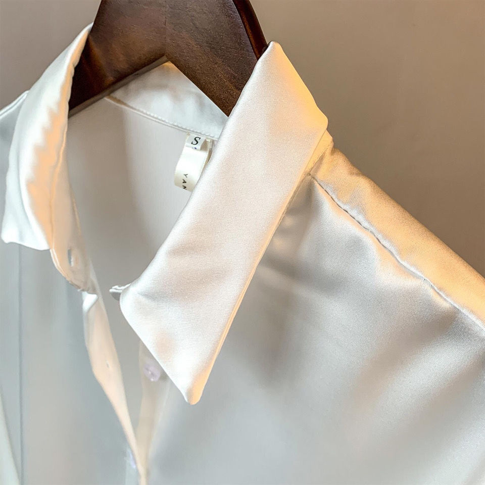 Long-sleeved satin shirt for women, with a sense of design and fashion, is a new spring and autumn collection for 2022. It features a flowing, retro, and Hong Kong-style loose summer garment details Picture