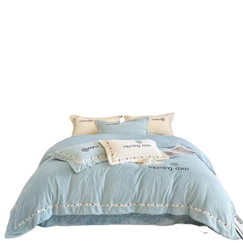 High-End Super Soft Milk Velvet Embroidered Four-Piece Thickened Warm Winter Carved Velvet Wide Edge Bedding Kit For Home Use Specification drawing