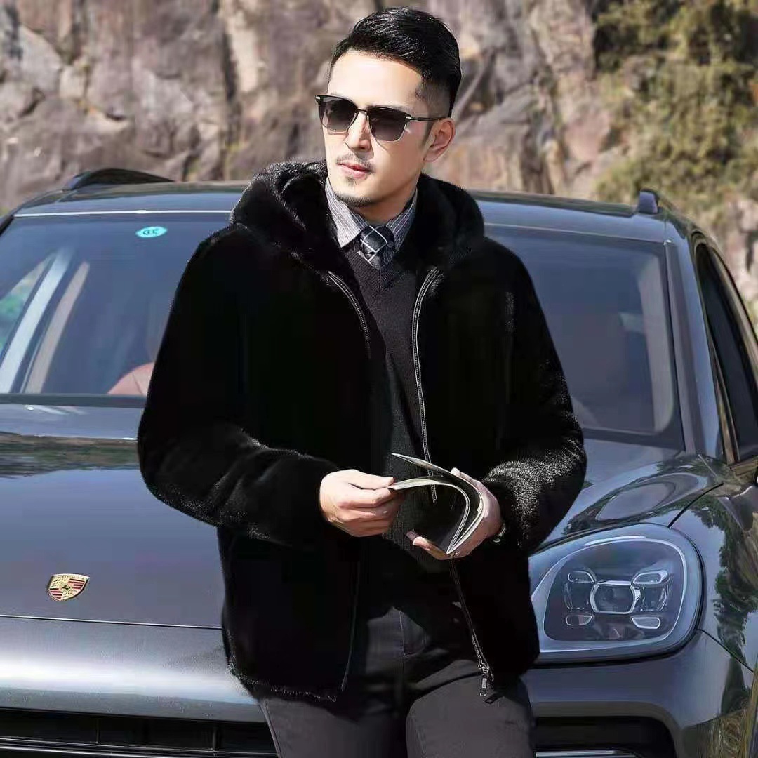 Mink fur men's imitation mink coat whole mink gold mink fur hooded coat for men Henin fur one big