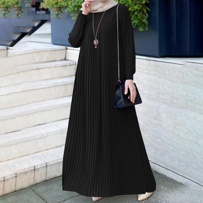 2024 Muslim women's wear: Arabian style, elegant pleated skirt, solid color, round neck, long-sleeved pleated dress Specification image