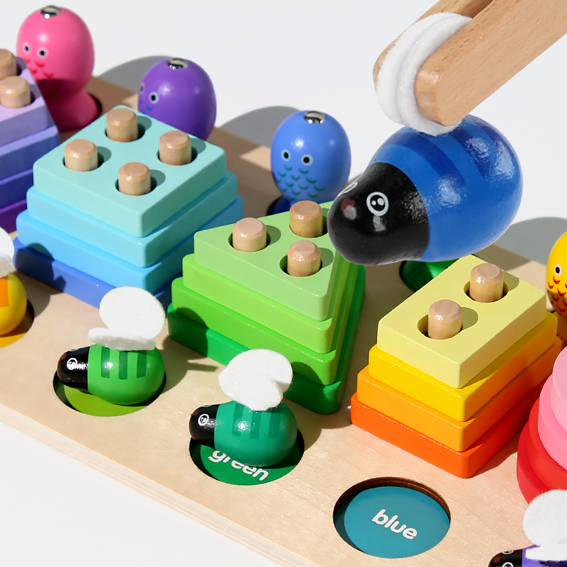 Three-In-One Multi-Functional Fishing Pole Clip Bee Children's Early Education Educational Wooden Geometry Pole Game Toy With A Variety Of Geometric Pieces Creative Mosaic Mosaic Educational Toy Wooden Geometry Pieces Application Scenario