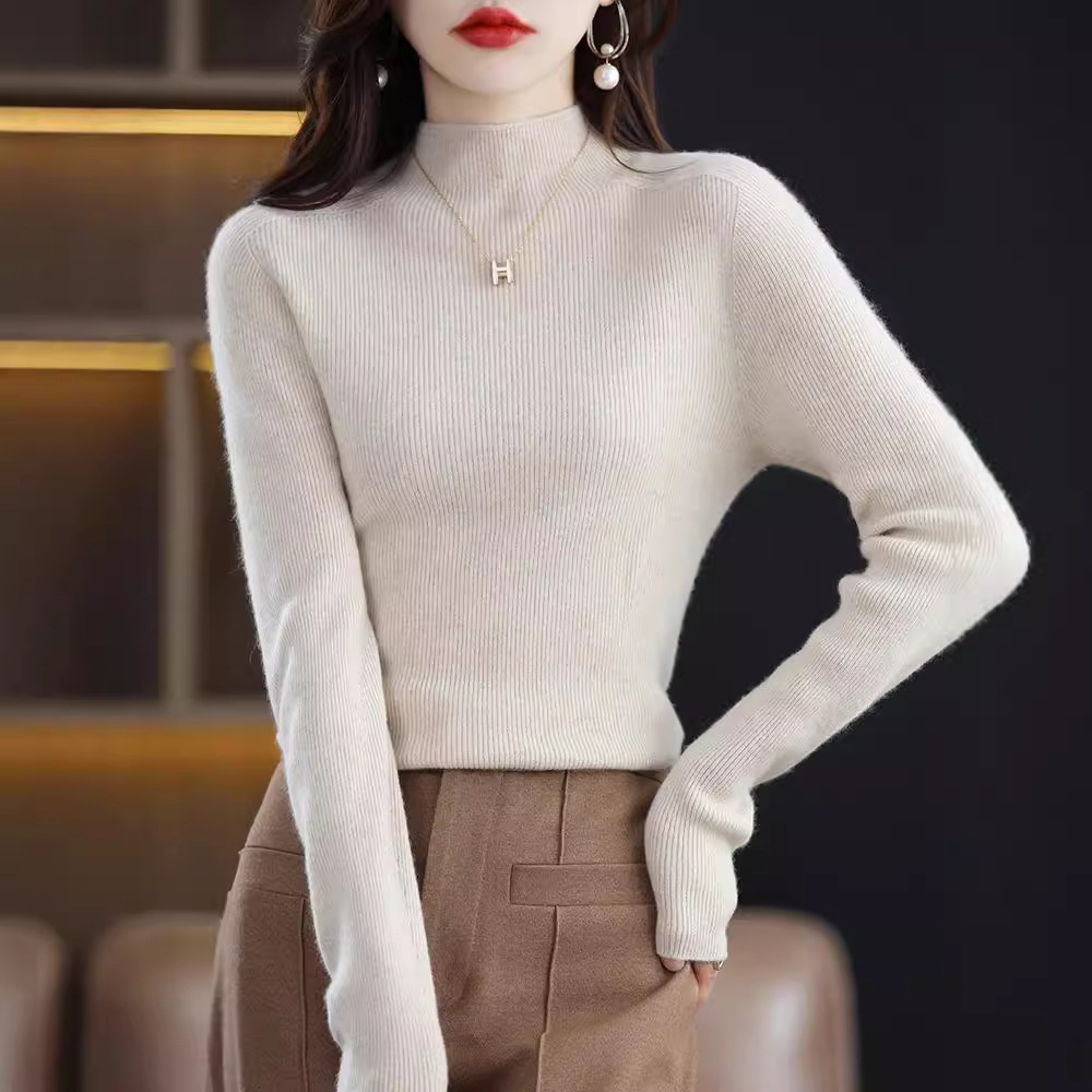 First-line ready-to-wear seamless semi-high-neck wool sweater, women's pullover, pull-out sweater, slim and versatile cashmere knitted base layer Specification image