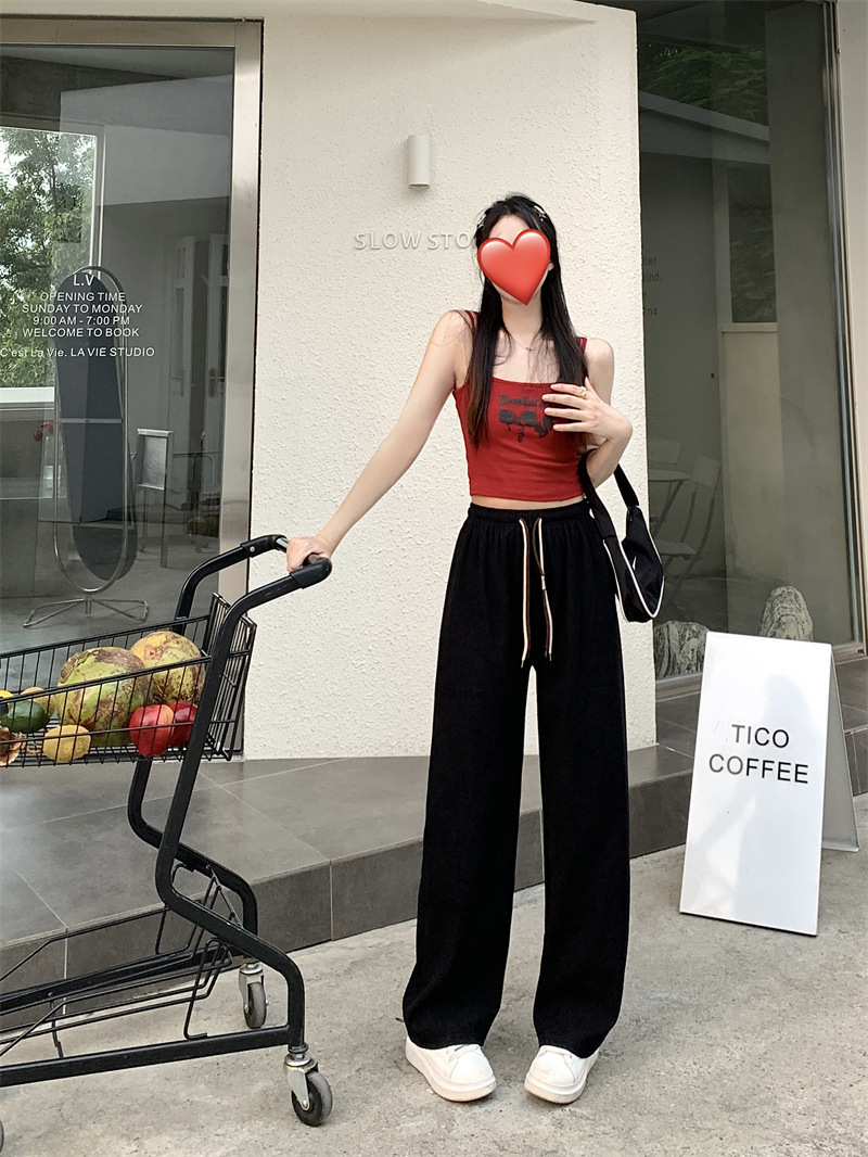 Corduroy ultra-fine corduroy wide-leg pants for women, new autumn style double drawstring smiling face belt casual pants, high-waisted straight-leg pants Item Picture