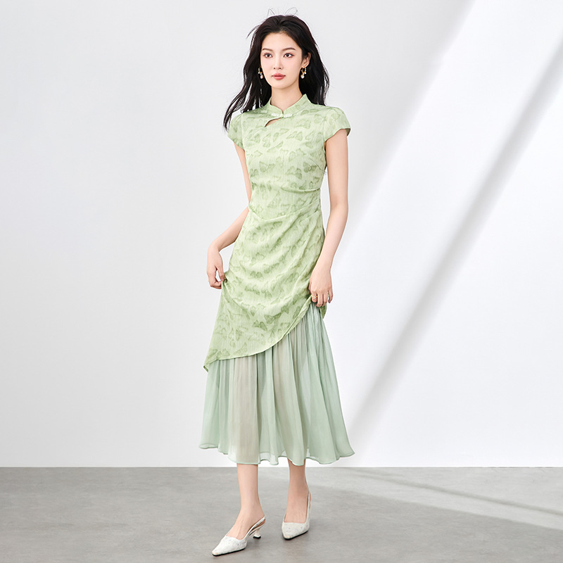 2507105- New Chinese-style traditional Chinese style waist-cinching pleated button-up patchwork butterfly jacquard dress for women, new improved cheongsam