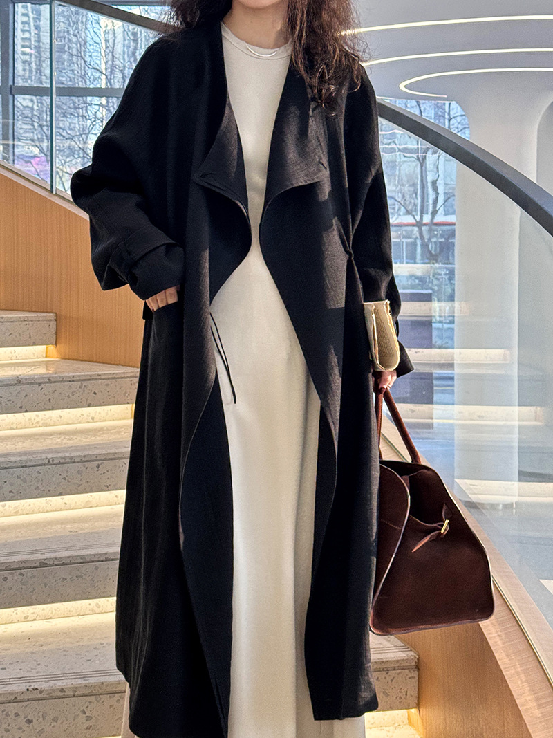 Lu Xi New Chinese Style Wind Over The Knee Trench Coat Women's Mid-Length 2024 Spring New Drawstring Cotton Linen Coat 8648 details Picture