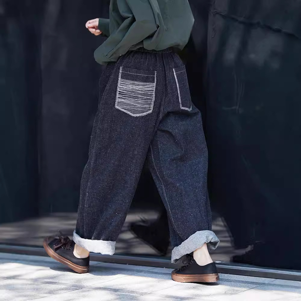 Three-season black linen cotton elastic waist classic women's casual straight-leg jeans, retro loose, autumn and winter casual