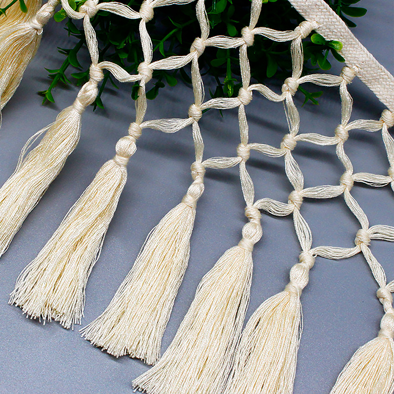 Hand-tied tassel lace curtains, home textile decoration, pure white polyester-cotton five-row tied tassels, 19cm long tassels details Picture