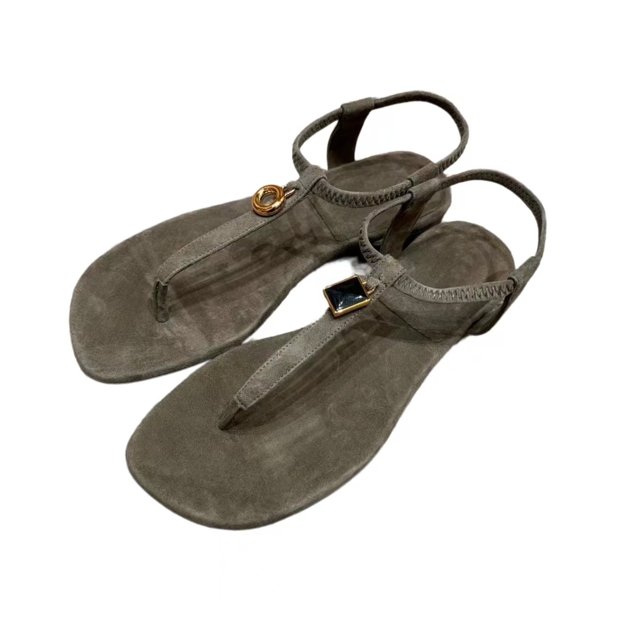 French retro metal buckle rhinestone toe flat sandals, versatile T-shaped Roman beach flip-flops, women's summer outerwear Item Picture