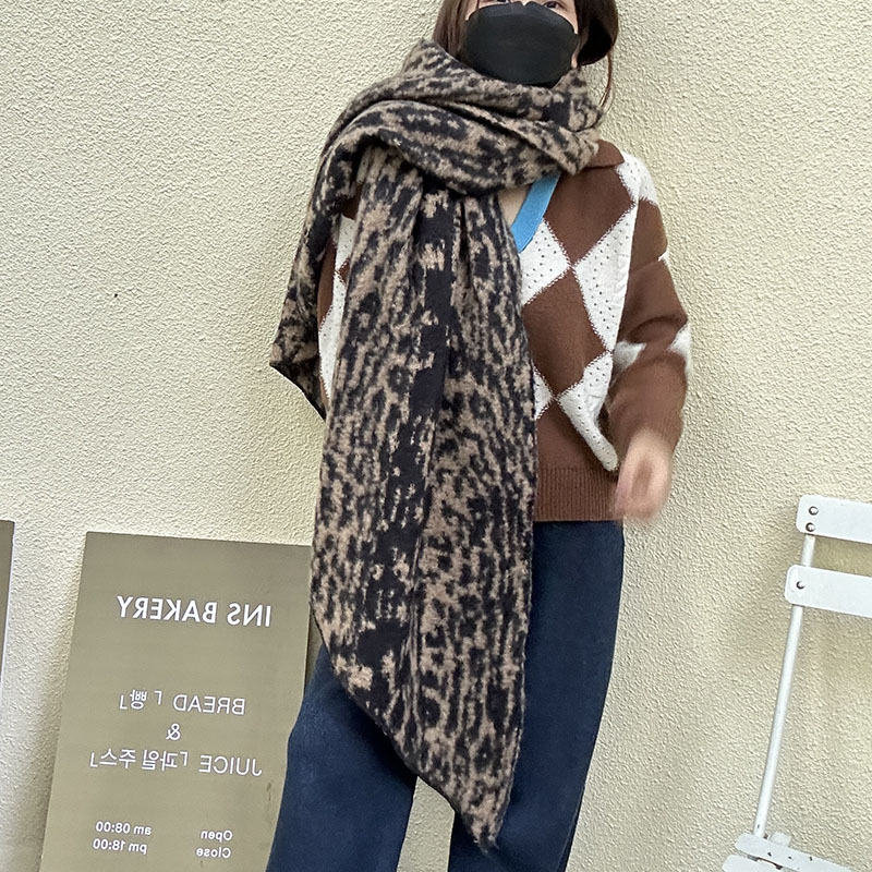 Factory Wholesale Korean Version Autumn And Winter Warm Wear With All Soft Knitted Plush Thickened Shawl Leopard Print Scarf