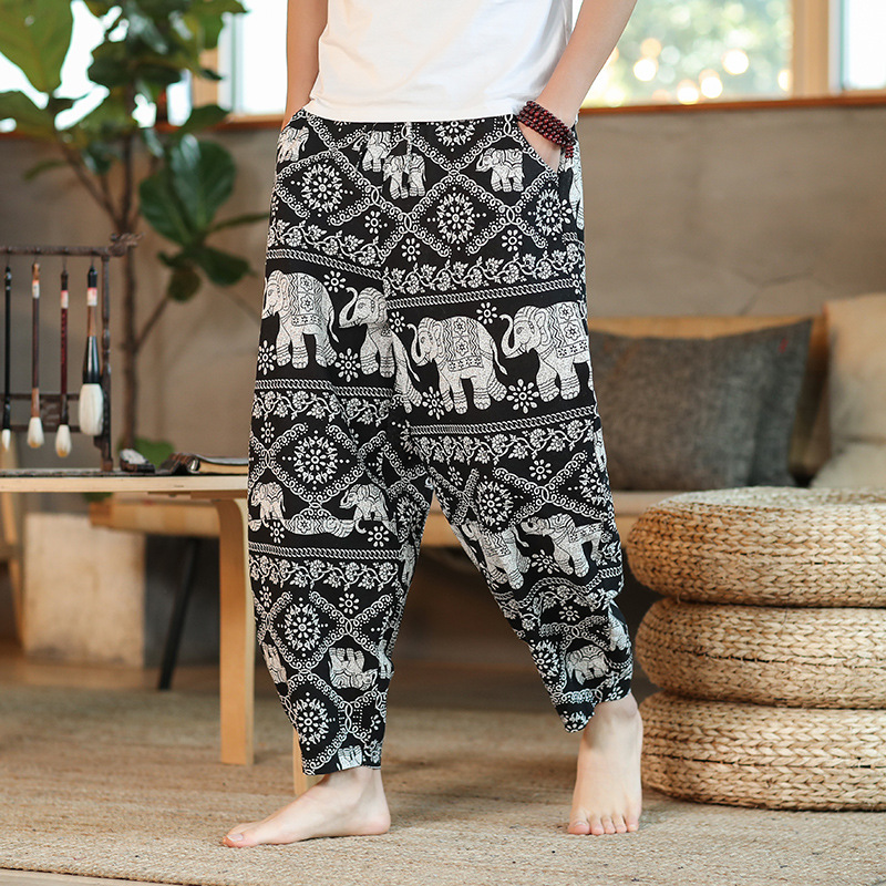 Elephant Radish Pants Men's Chinese-style beach pants 2022 Spring Slim 9-point men's loose large-sized casual pants