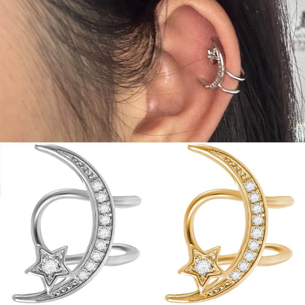 跨境镶白色圆形钻石耳骨夹不锈钢个性五星月亮小耳夹可爱穿刺耳饰