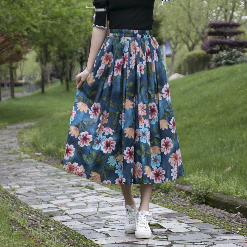 Real 2024 Spring/Summer New Ethnic Style Printed Cotton Linen Skirt In The Long Pleated Skirt With Lining Pockets Specification drawing