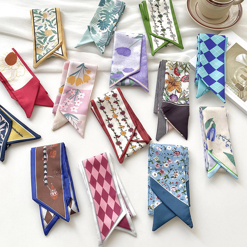 Thin And Narrow Long Small Silk Scarf Female Spring And Summer Multi-Functional Tie Hair Tie Bag Decorative Scarf Headband Streamer Headwear details Picture