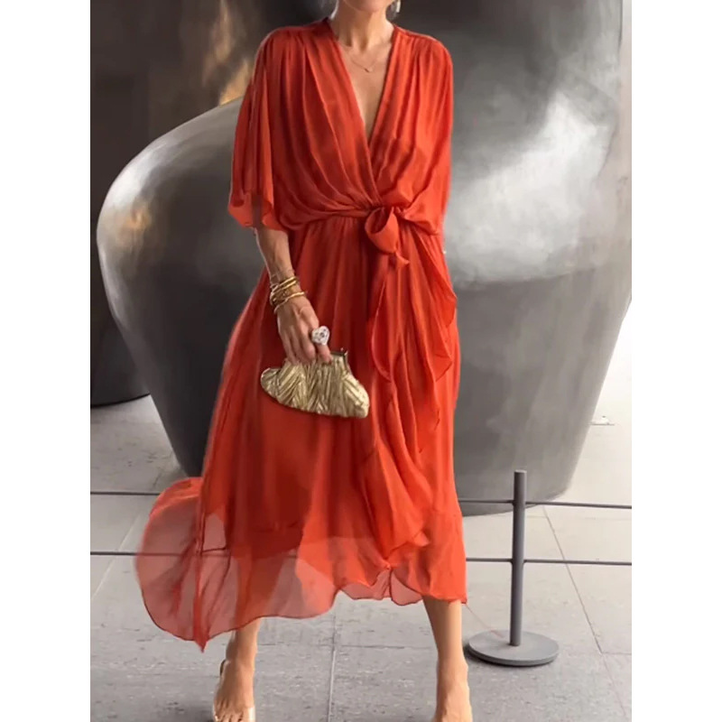 2024 New European and American women's clothing cross-border Amazon solid color long dress with bat sleeves, irregular dress, large size Application Scenario