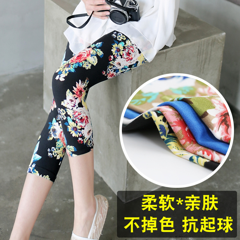 Summer large-sized floral seven-inch pants, women's summer thin printed seven-inch leggings, women's skinny pants, elastic outerwear Specification image