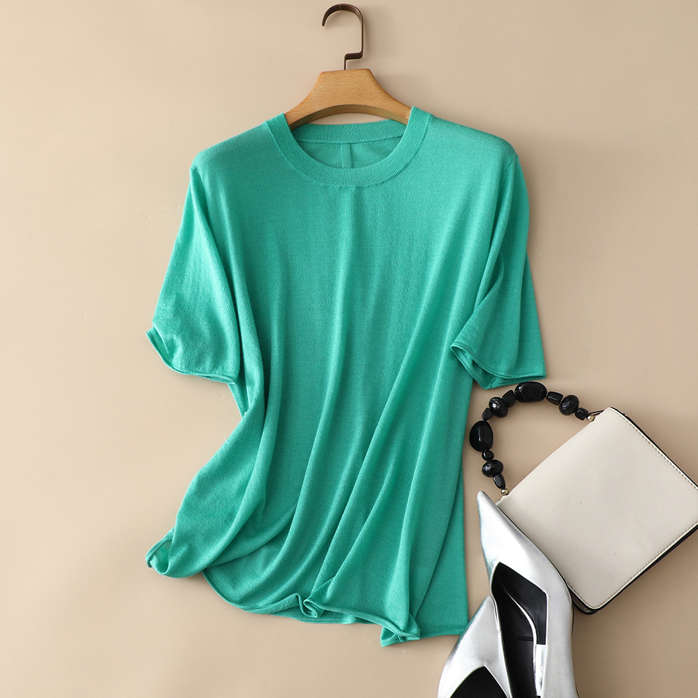 Pinrong 24 Spring/Summer New Women's thin silk cashmere round neck Loose bright color knitted T-shirt Women's sweater Specification image