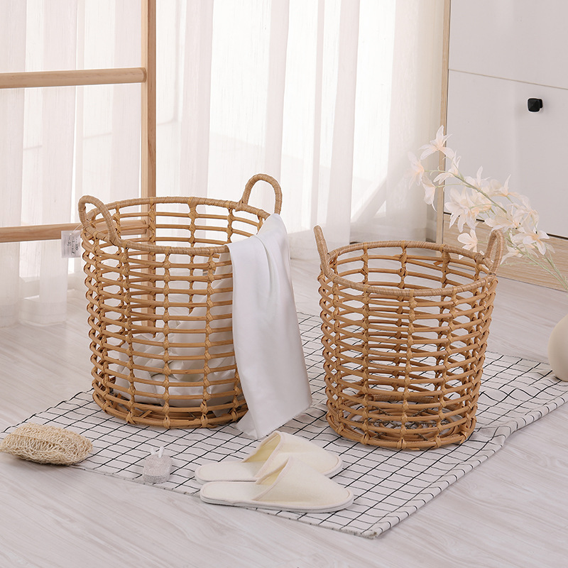 热卖款手工编织草编收纳篮 田园风情客厅藤编花架网红编织篮批发白底实物图