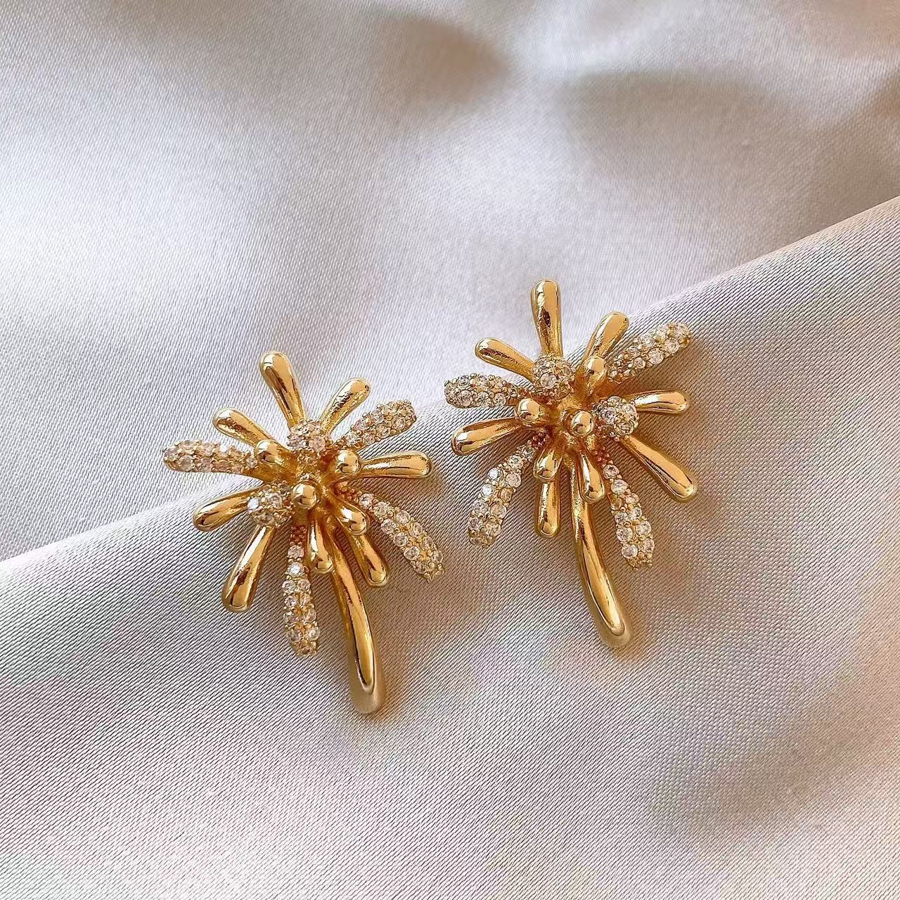 S925 Silver Needle Gold Zircon Fireworks Earrings, a unique, high-end, exquisite, light luxury and stunning earring accessory for the New Year details Picture