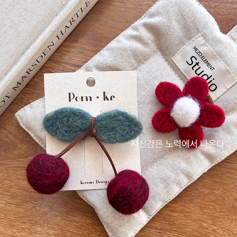 New floral knitted wool felt cherry handcrafted cherry felt berry plush cute hair clip edge clip