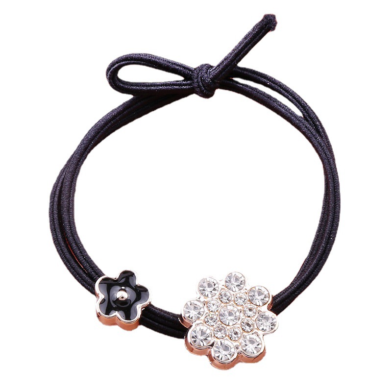 Japanese And Korean Version Of Rhine-Drill Drop Oil Four-Leaf Flower Hair Rope Flowers Tied With Bow Basic Head Rope Sen Women's Rubber Band Head Jewelry Item Picture