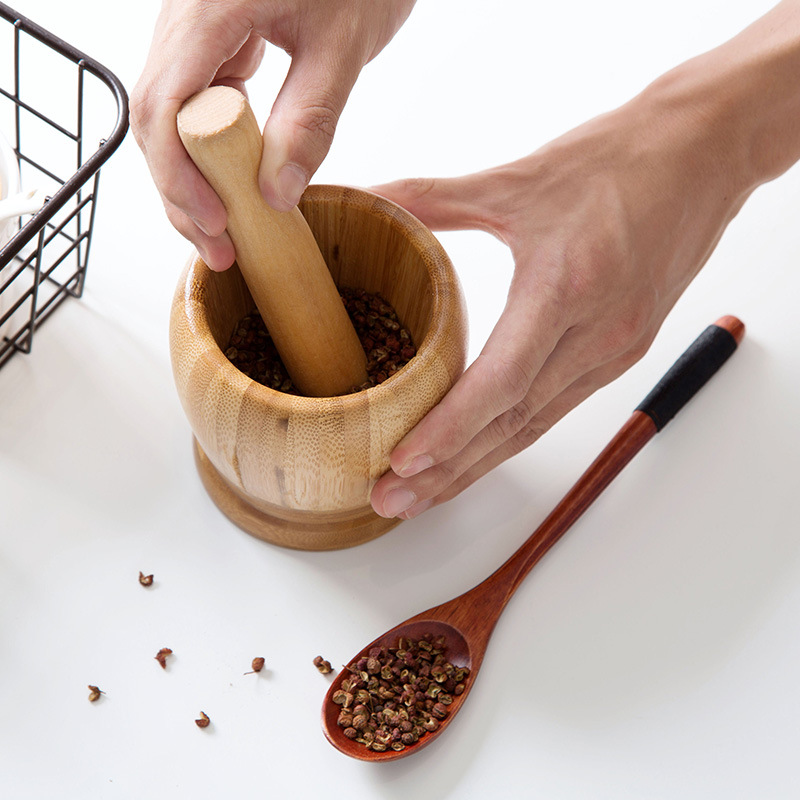 Bamboo Garlic Mortar Household Manual Solid Wood Garlic Rammer Bamboo Mashing Pot Garlic Puree Pound Medicine Pot Pound Pot Pound Garlic Pot Wood Application Scenario