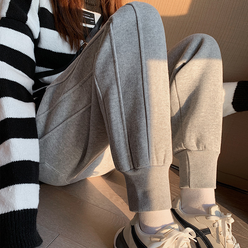 Coffee Color Sports Pants Women Spring And Autumn 2023 New Splicing Loose Thin Leisure Elastic Waist Bundle Feet Harun Wei Pants
