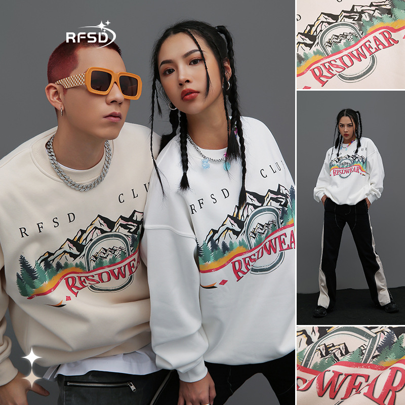 Mountain Print round-neck hoodie 2023 Autumn/Winter new 360g light fleece trendy top details Picture