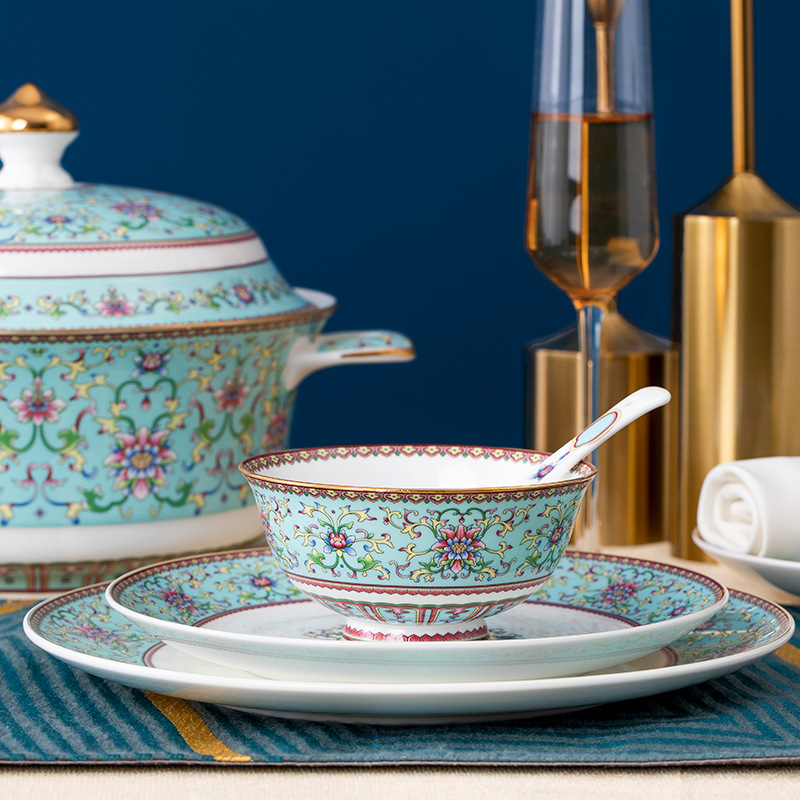 Dish Set Household Enamel Tableware Palace Chinese Peacock Blue Tableware Jingdezhen Bone China Bowl And Dish Set Specification drawing
