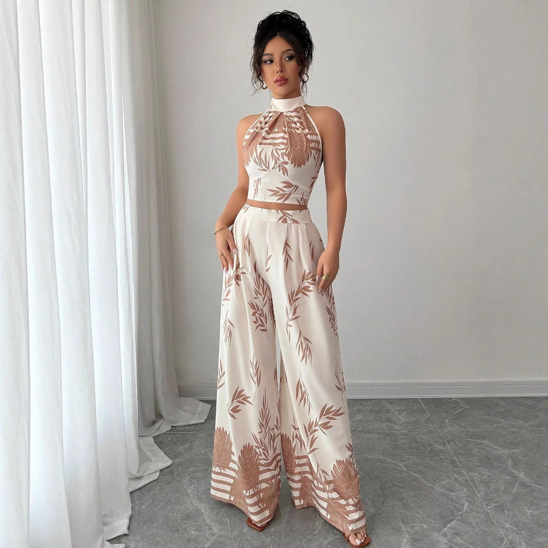 Cross-border Amazon Women's Clothing 2025 Summer Vacation style European and American style halter vest wide-leg long pants Printed set Application Scenario