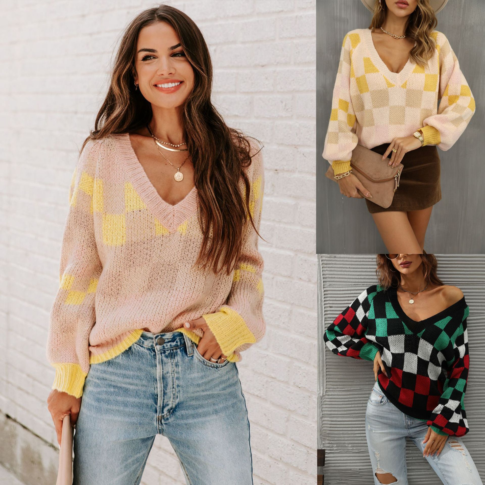 In the early autumn of 2025, a new V-neck checkered color-blocking plus-size knitted sweater and pullover for Amazon women's clothing from Europe and America