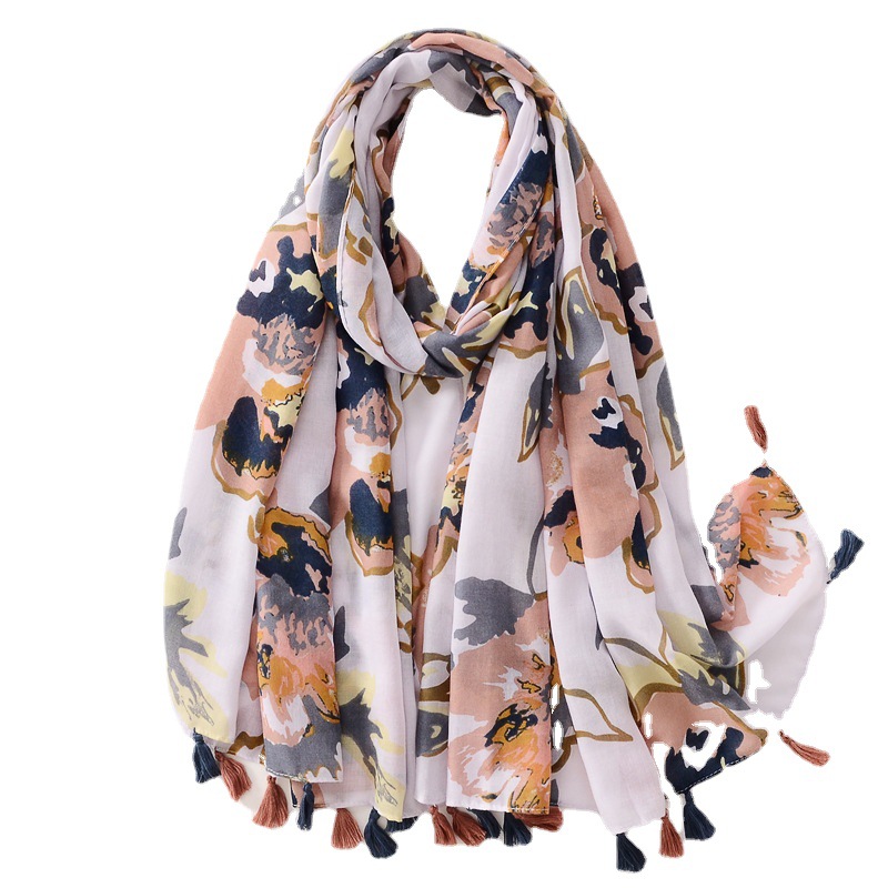 Fresh Soft Cotton Linen Silk Scarf Butterfly Flower Print Air-Conditioned Room Shawl Travel Decoration Sunblock Beach Towel Item Picture