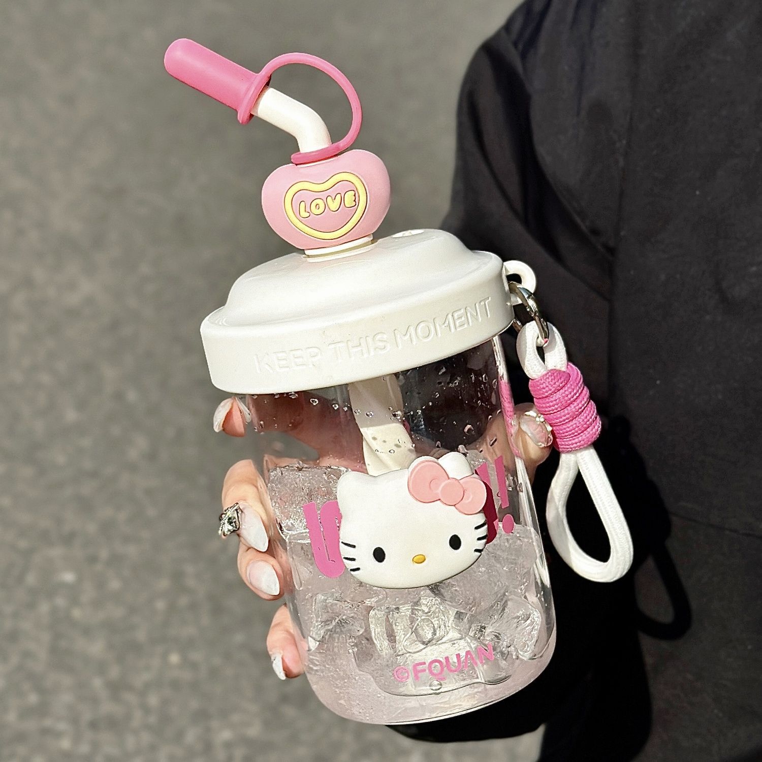 KT猫新款塑料吸管杯手动搅拌杯便携吸管杯可爱创意简约少女心水杯