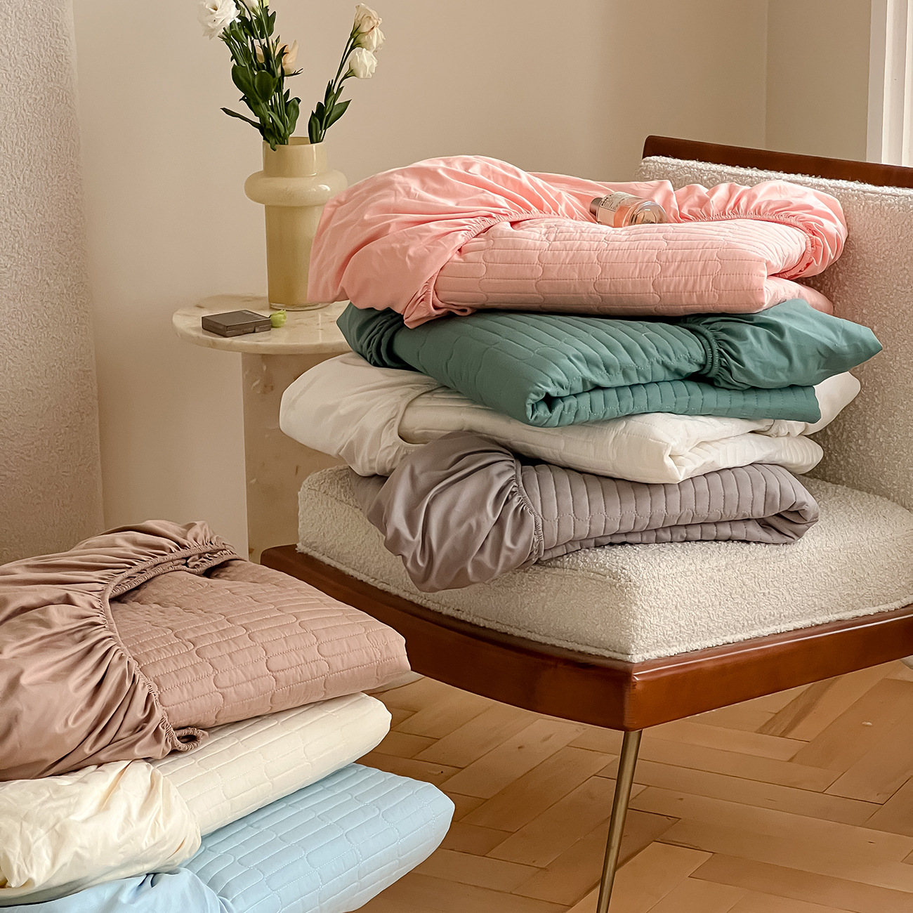 全棉绗缝夹棉床笠床垫保护套 纯棉可机洗床罩纯色防滑2*2.2床笠套详情图2