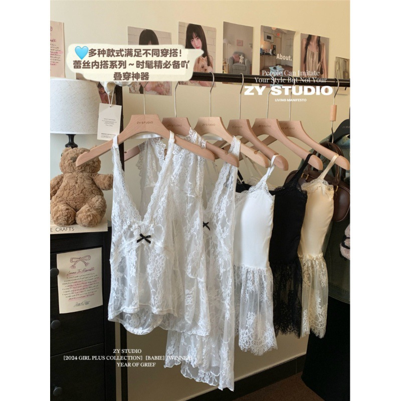 Pure and sexy lace halter dress for women's winter 2024 new style sleeveless layering waist-cinching bow short skirt