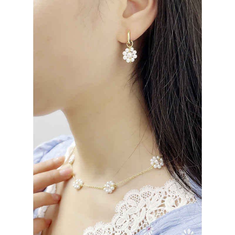 Korean version fresh and sweet earring set woven pearl earrings Female 2022 new summer clavicle chain necklace accessories Specification drawing