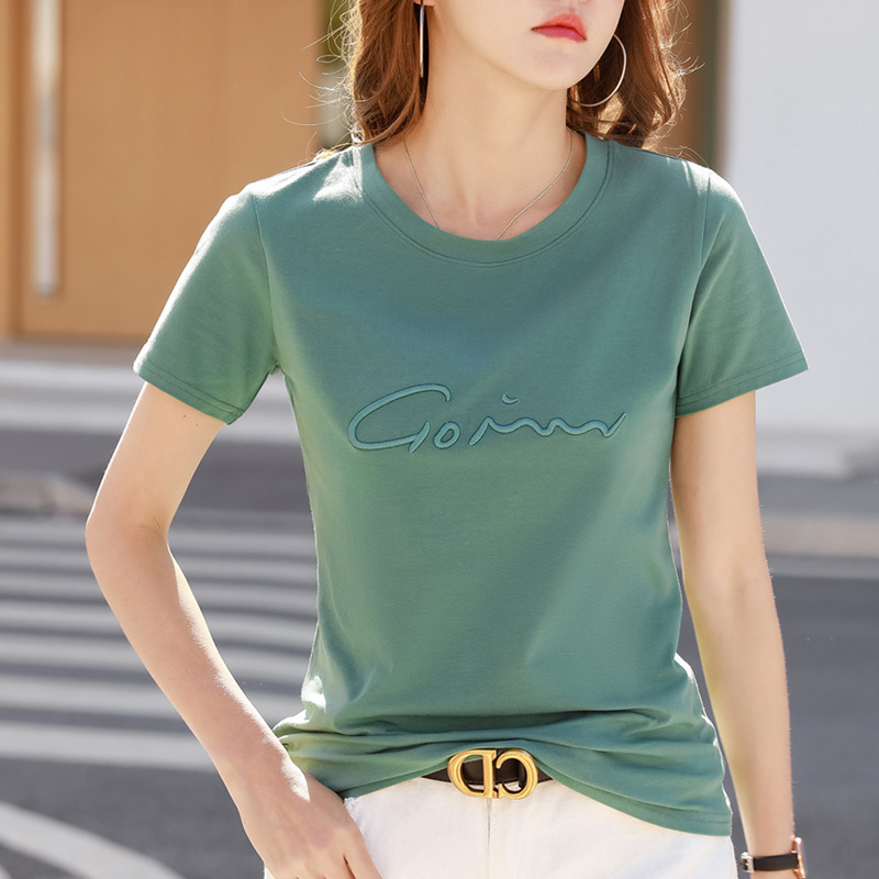 22夏季新款韩版圆领刺绣字母宽松短袖T恤女士上衣拼多多货源代发