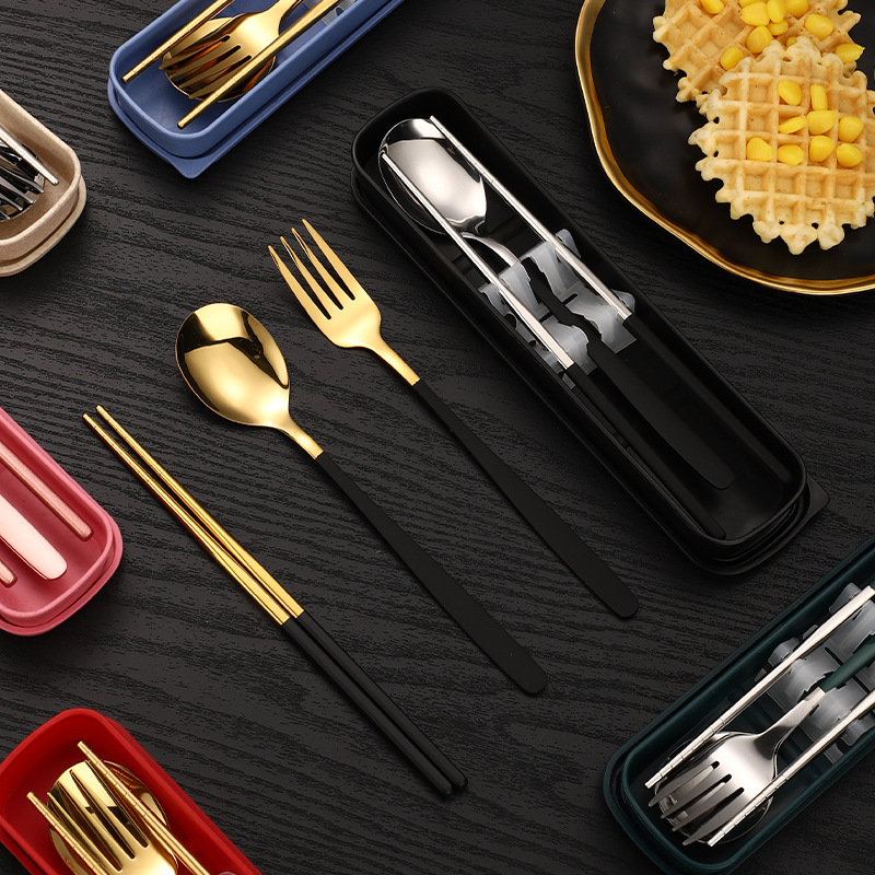 Wholesale stainless steel Korean-style tableware, portable student spoons, forks and chopsticks, three-piece set, outdoor storage box, gift set Specification image