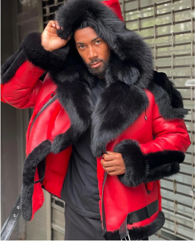 wish on AliExpress Independent Station: Enlarged and thickened fur collar, one-piece red men's leather jacket 6553 Specification image