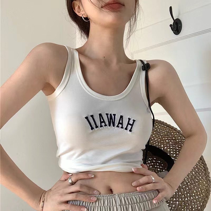 网红同款字母工字背心女舒适透气自带胸垫甜辣风修身显瘦短款上衣