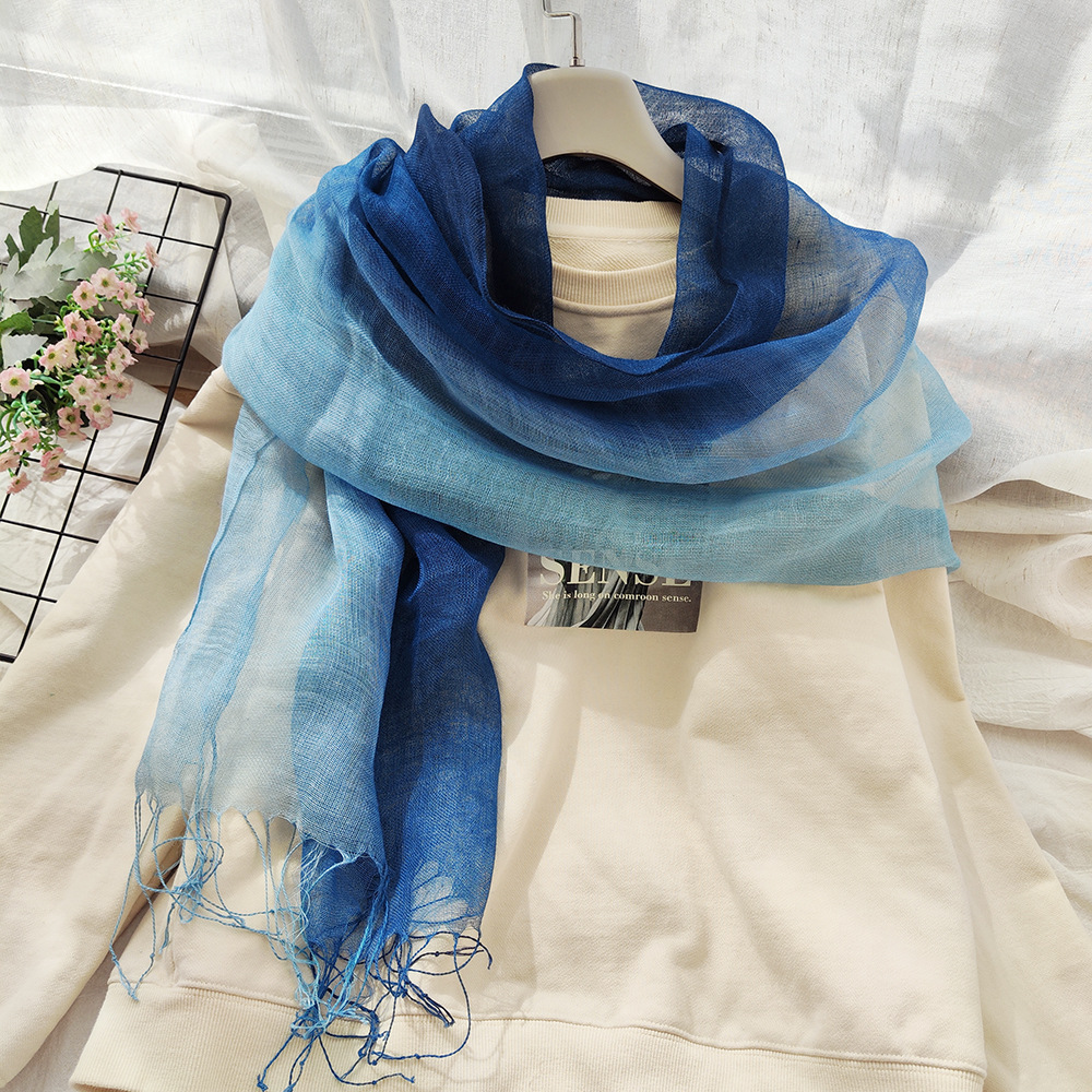 National Style Color Hand-Painted Scarf Literary Retro Linen Scarf Female Gradient Color Cotton Hemp Scarf Thin Shawl Foreign Trade
