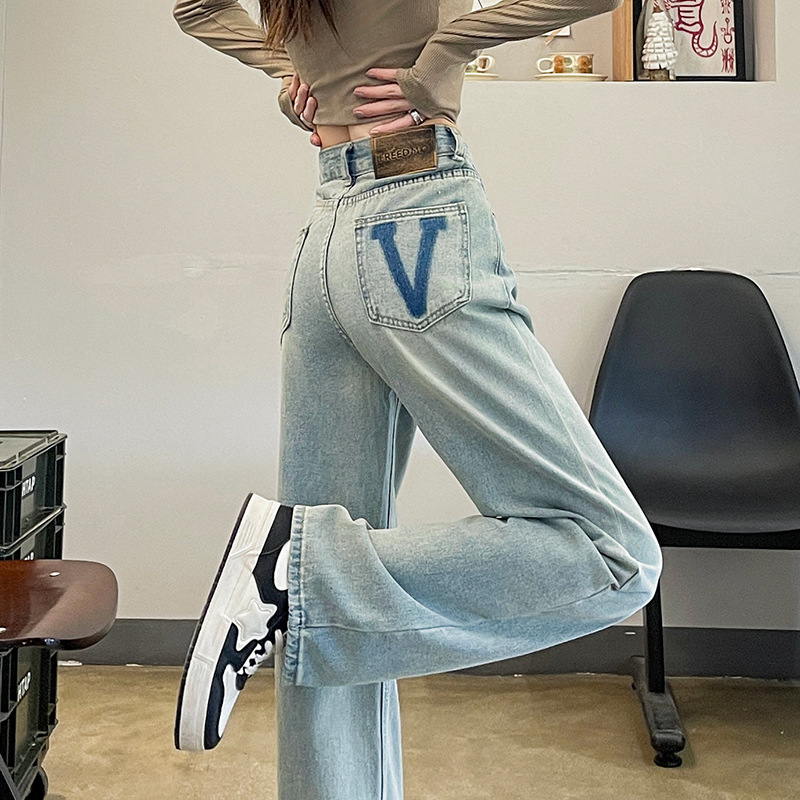 高腰阔腿牛仔裤女春季2024年新款撞色设计感窄版显瘦小个子直筒裤