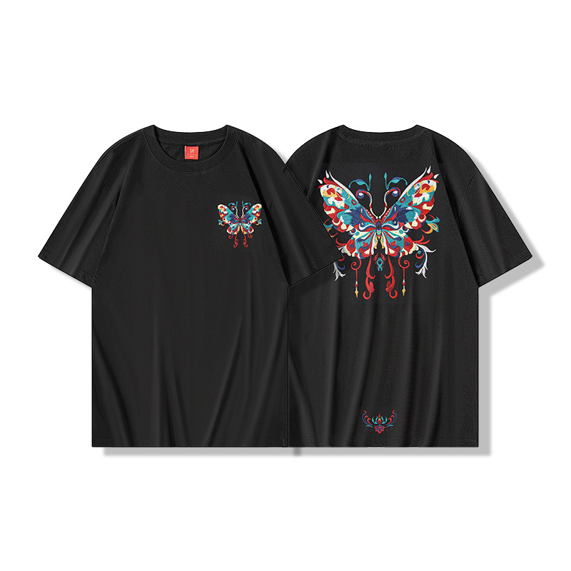 2025 New national trend short-sleeved T-shirt with butterfly embroidery, Chinese style, round neck, pure cotton loose, heavy half-sleeve Application Scenario